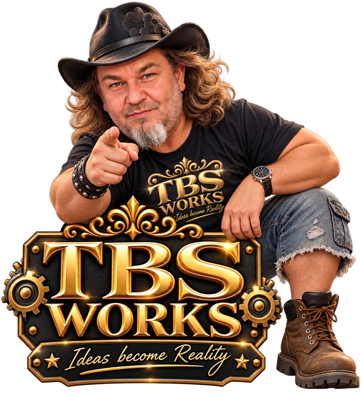 Michael Triftshäuser mit Hut und dem goldenen TBS WORKS Logo